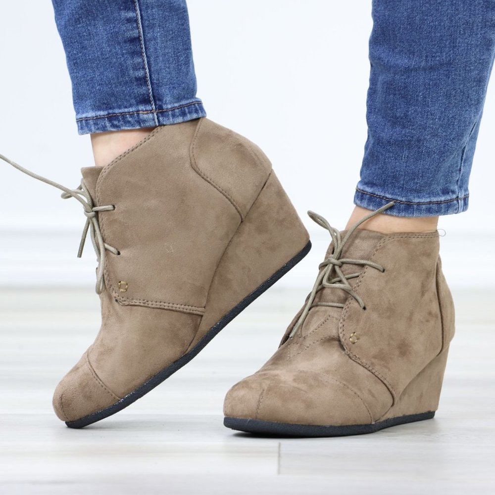 Taupe Faux Suede Round Toe Wedge Heel Lace Up Ankle Boots - Picture 10 of 12